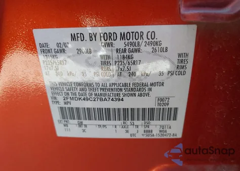 2007 Ford Edge Sel Plus z USA, uszkodzony, nr VIN 2FMDK49C27BA74394